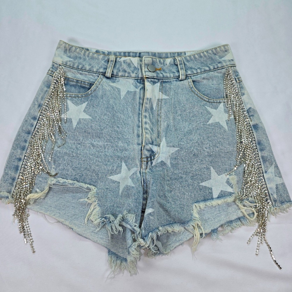 Blue B Collection Star Print Rhinestone Fringe Denim Shorts Light Wash Small